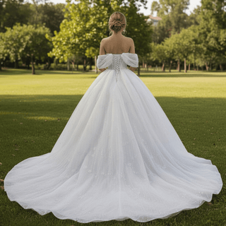 Sparkly Ball Gown Off the Shoulder Wedding Dress with Sheer Bodice - Rosymae