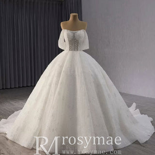Sparkly Ball Gown Off the Shoulder Wedding Dress with Sheer Bodice - Rosymae