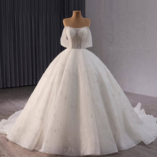 Sparkly Ball Gown Off the Shoulder Wedding Dress with Sheer Bodice - Rosymae