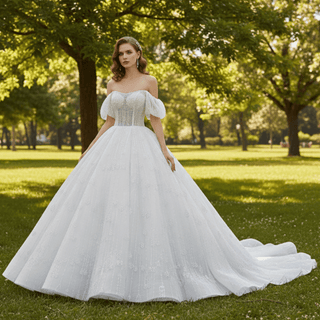 Sparkly Ball Gown Off the Shoulder Wedding Dress with Sheer Bodice - Rosymae