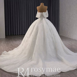 Sparkly Ball Gown Off the Shoulder Wedding Dress with Sheer Bodice - Rosymae