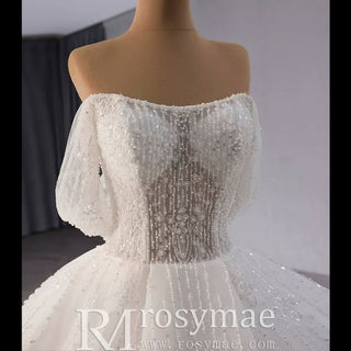 Sparkly Ball Gown Off the Shoulder Wedding Dress with Sheer Bodice - Rosymae