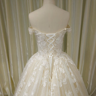 Off the Shoulder Pale Yellow Sparkly Wedding Dress with Long Train