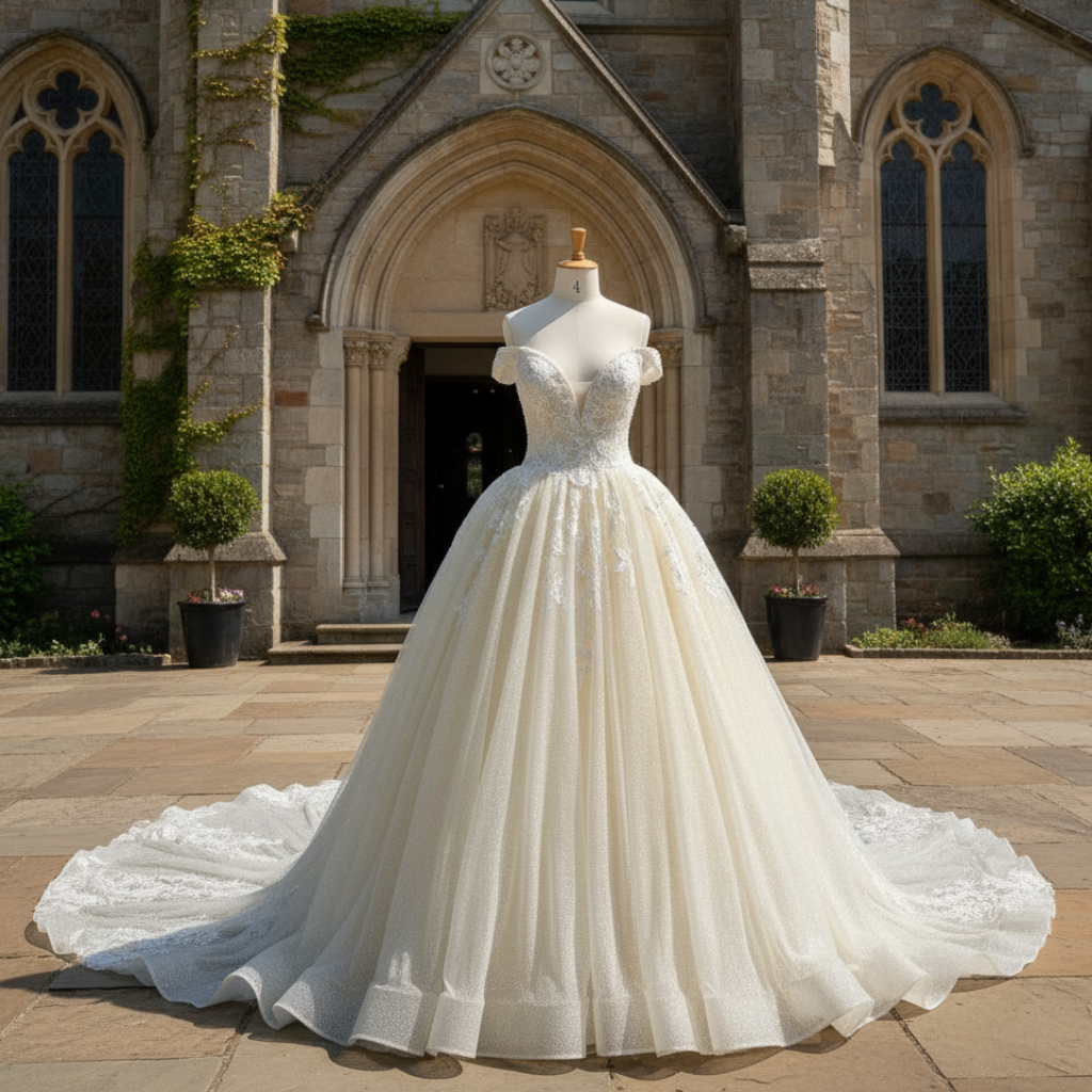 Off the Shoulder Pale Yellow Sparkly Wedding Dress with Long Train Rosymae Off the Shoulder Pale Yellow Sparkly Wedding Dress with Long Train Rosymae