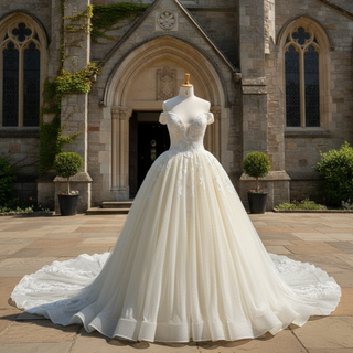 Off the Shoulder Pale Yellow Sparkly Wedding Dress with Long Train