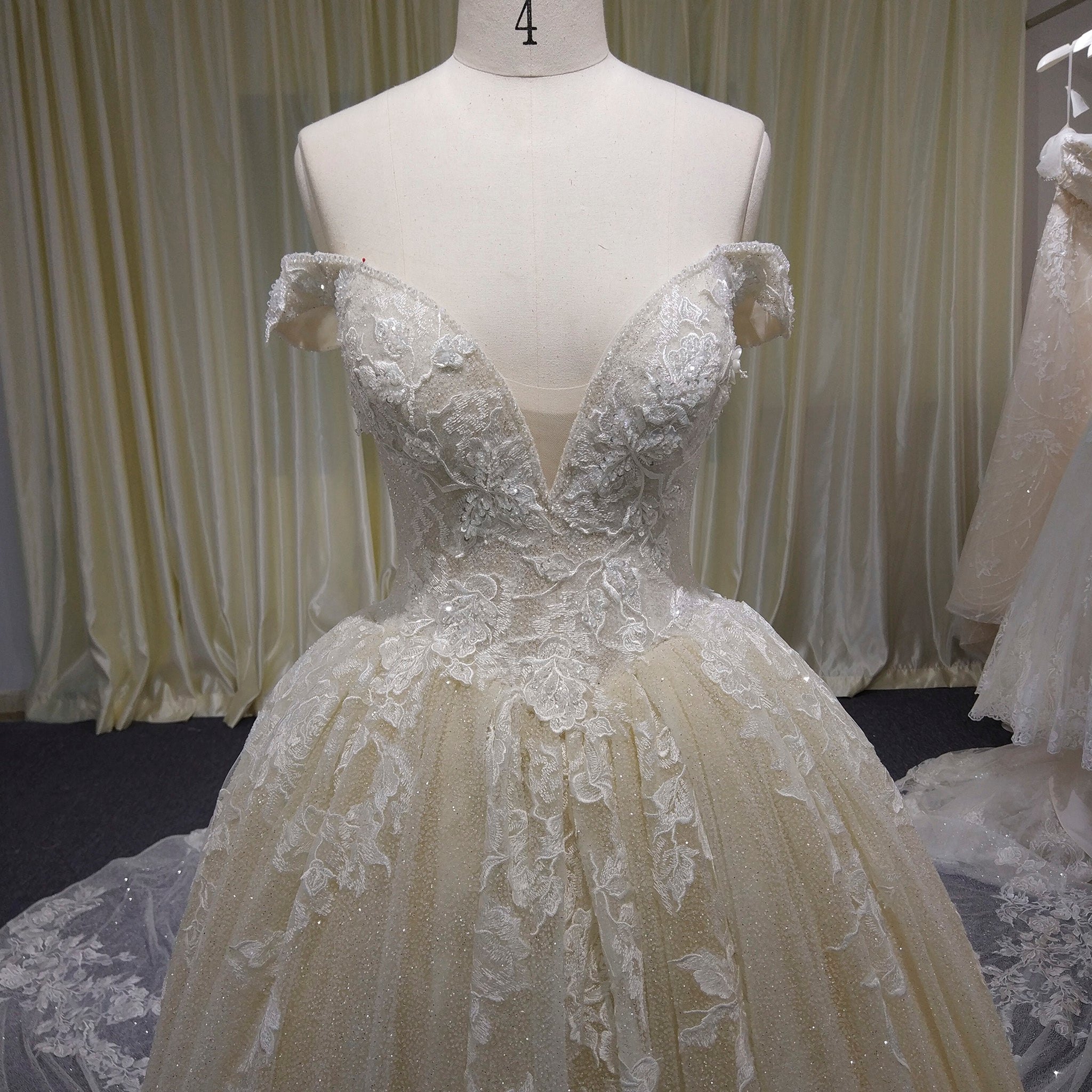 Off the Shoulder Pale Yellow Sparkly Wedding Dress with Long Train – Rosymae Off the Shoulder Pale Yellow Sparkly Wedding Dress with Long Train – Rosymae