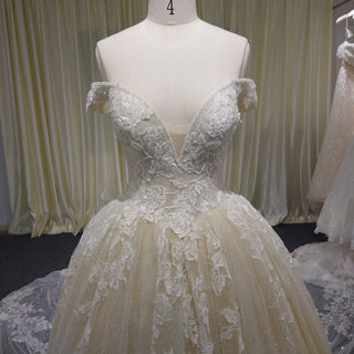 Off the Shoulder Pale Yellow Sparkly Wedding Dress with Long Train