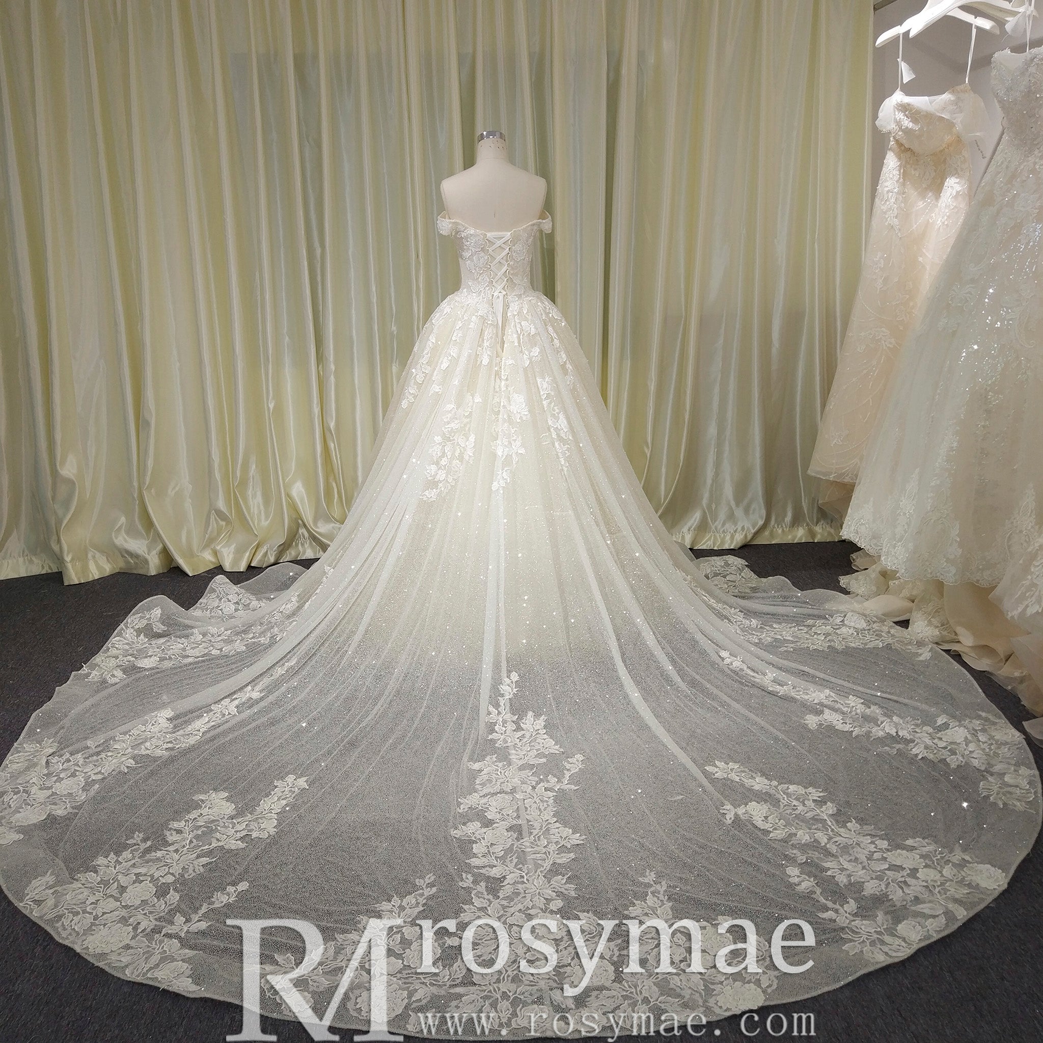Off the Shoulder Pale Yellow Sparkly Wedding Dress with Long Train – Rosymae Off the Shoulder Pale Yellow Sparkly Wedding Dress with Long Train – Rosymae