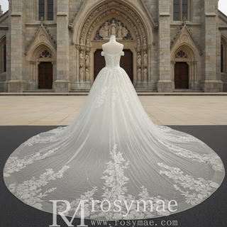 Off the Shoulder Pale Yellow Sparkly Wedding Dress with Long Train