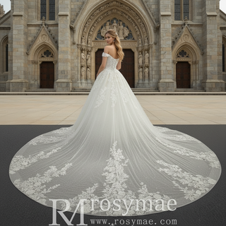 Off the Shoulder Pale Yellow Sparkly Wedding Dress with Long Train