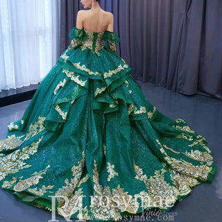 Sparkly Ball Gown Wedding Gown Quinceanera Dress with Detachabale Sleeves - Rosymae