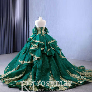 Sparkly Ball Gown Wedding Gown Quinceanera Dress with Detachabale Sleeves - Rosymae