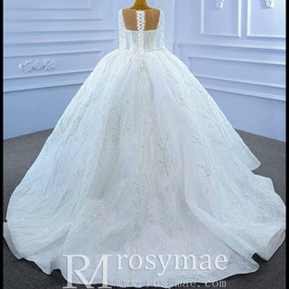 Sparkly Beaded Long Sleeve Ball Gown Wedding Dress - Rosymae