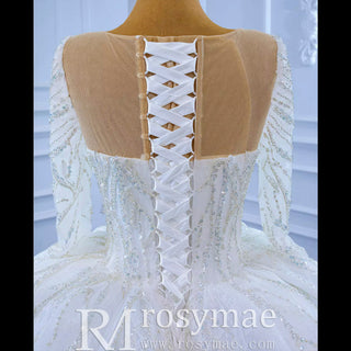 Sparkly Beaded Long Sleeve Ball Gown Wedding Dress - Rosymae
