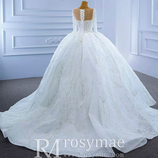 Sparkly Beaded Long Sleeve Ball Gown Wedding Dress - Rosymae