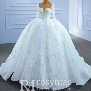 Sparkly Beaded Long Sleeve Ball Gown Wedding Dress - Rosymae
