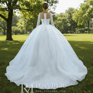 Sparkly Beaded Long Sleeve Ball Gown Wedding Dress - Rosymae