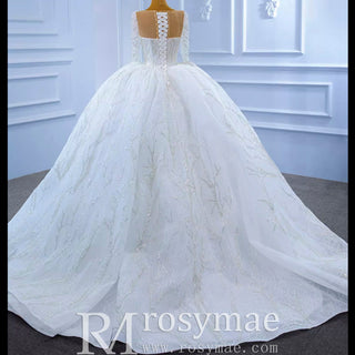 Sparkly Beaded Long Sleeve Ball Gown Wedding Dress - Rosymae