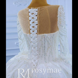 Sparkly Beaded Long Sleeve Ball Gown Wedding Dress - Rosymae