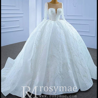 Sparkly Beaded Long Sleeve Ball Gown Wedding Dress - Rosymae