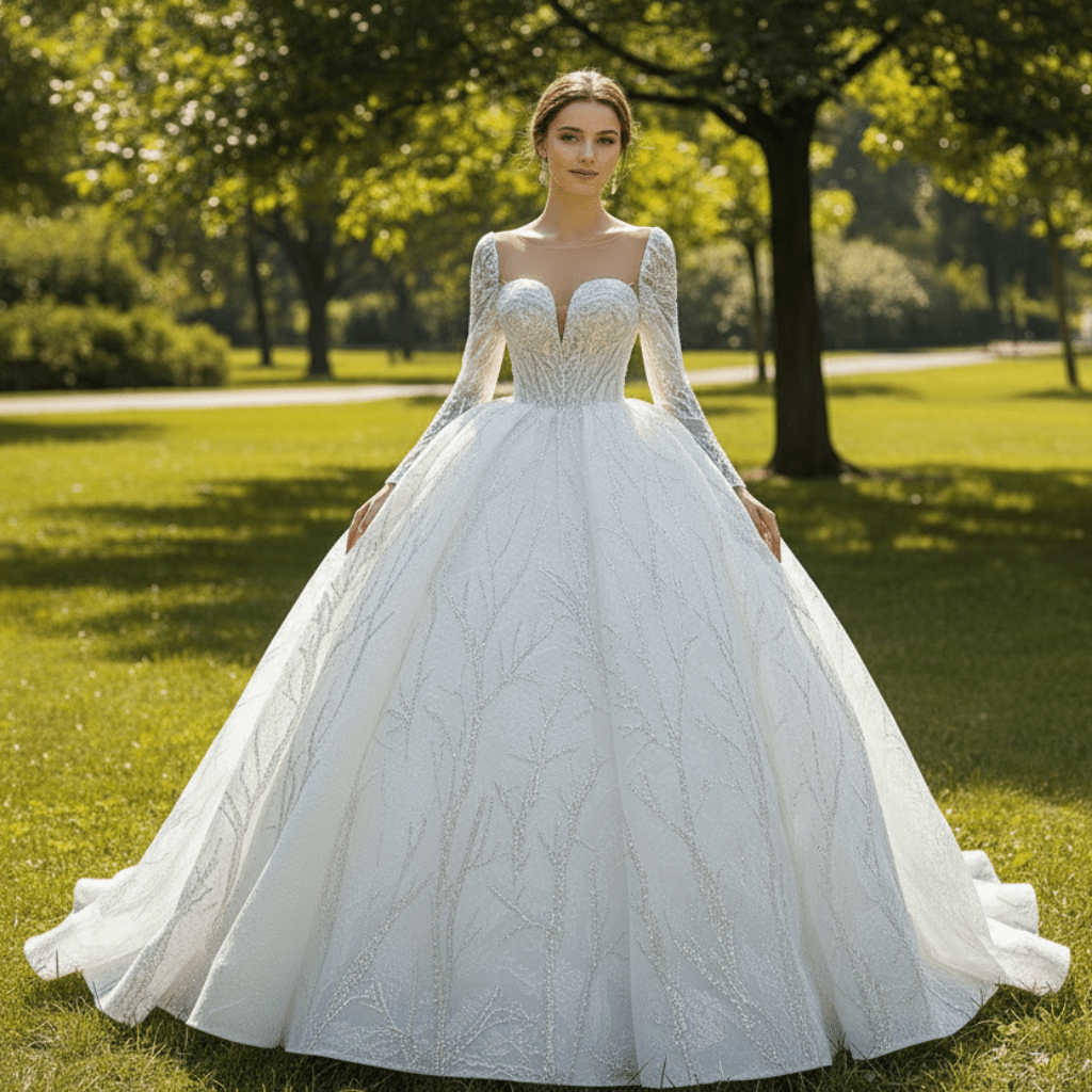Sparkly Beaded Long Sleeve Ball Gown Wedding Dress