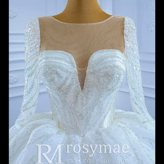 Sparkly Beaded Long Sleeve Ball Gown Wedding Dress - Rosymae