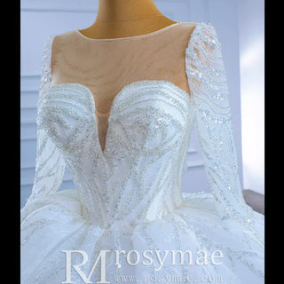 Sparkly Beaded Long Sleeve Ball Gown Wedding Dress - Rosymae