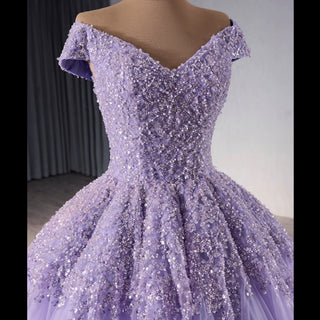 Sparkly Beaded Sequin Wedding Dress Off the Shoulder Formal Gown - Rosymae
