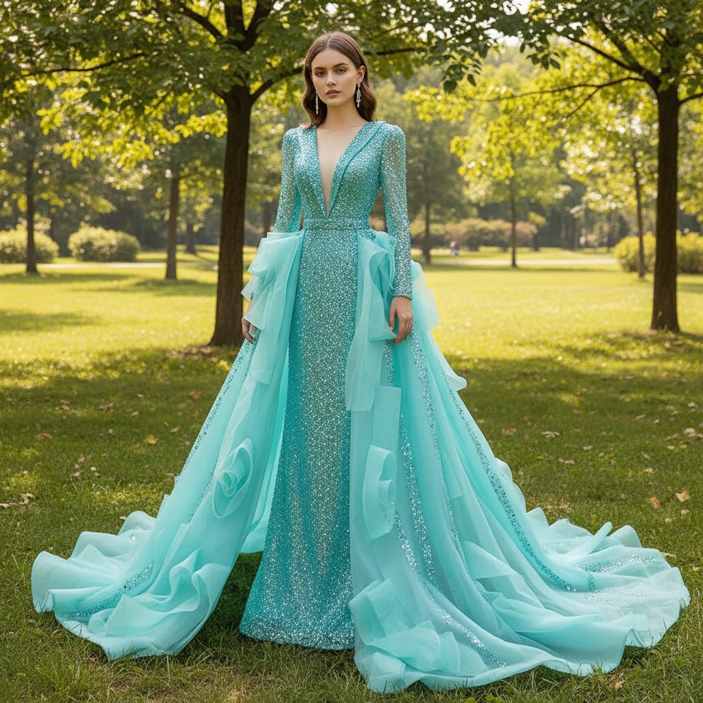 Sparkly Beaded Turquoise Prom Dresses with Detachable Overskirt - Rosymae