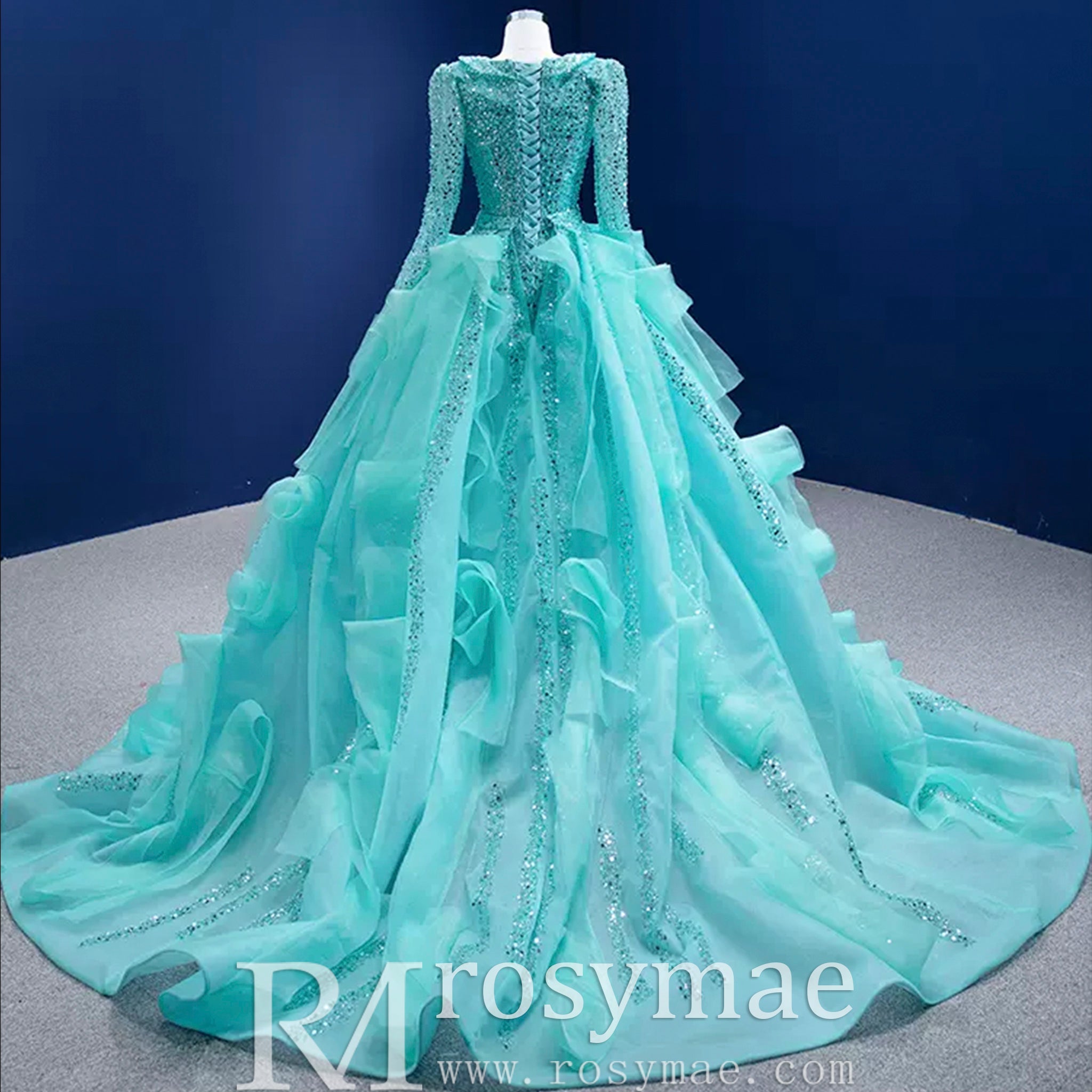 Sparkly Beaded Turquoise Prom Dresses with Detachable Overskirt - Rosymae