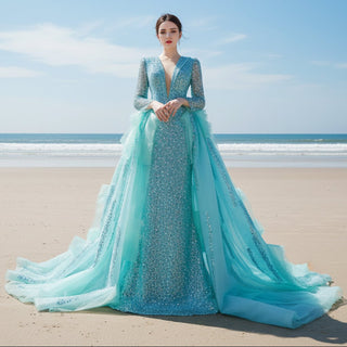 Sparkly Beaded Turquoise Prom Dresses with Detachable Overskirt - Rosymae