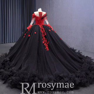 Sparkly Black Red Ball Gown Wedding Dress Lace Appliqued Quinceanera Gown - Rosymae