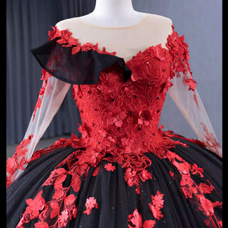 Sparkly Black Red Ball Gown Wedding Dress Lace Appliqued Quinceanera Gown - Rosymae
