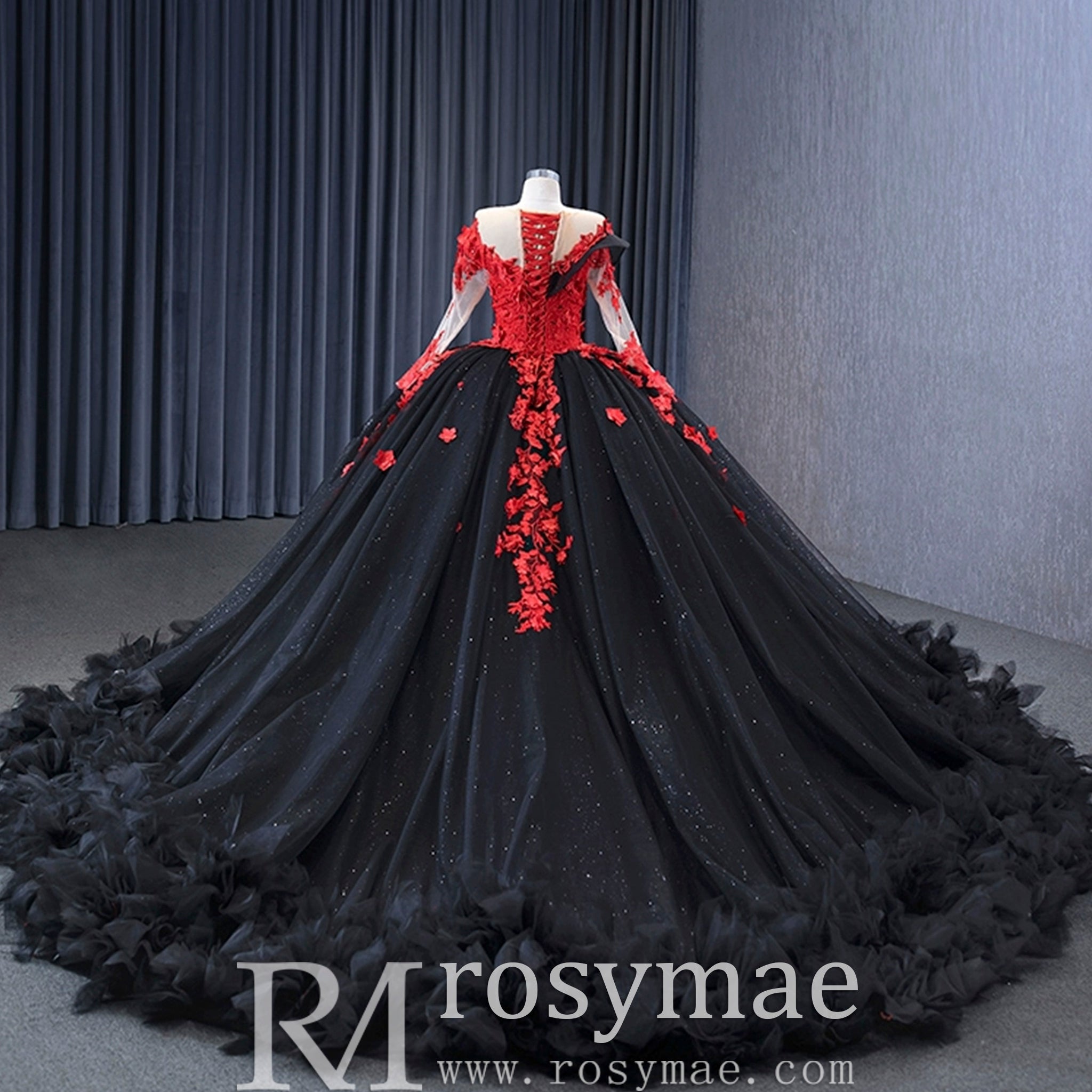Sparkly Black Red Ball Gown Wedding Dress Lace Appliqued Quinceanera Gown Custom Colors / 24W