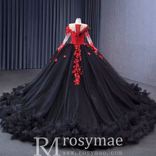 Sparkly Black Red Ball Gown Wedding Dress Lace Appliqued Quinceanera Gown - Rosymae