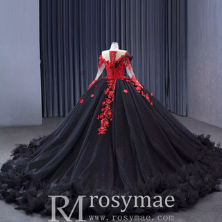 Sparkly Black Red Ball Gown Wedding Dress Lace Appliqued Quinceanera Gown - Rosymae