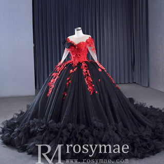 Sparkly Black Red Ball Gown Wedding Dress Lace Appliqued Quinceanera Gown - Rosymae