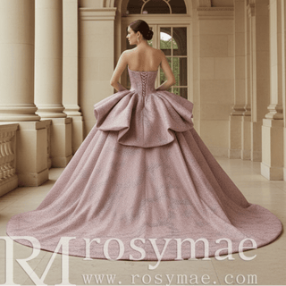 Sparkly Blush Pink Quinceañera Dress with Off-Shoulder & Tiered Ruffle Skirt - Rosymae