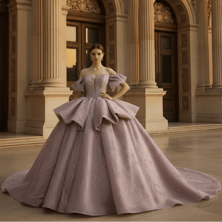 Sparkly Blush Pink Quinceañera Dress with Off-Shoulder & Tiered Ruffle Skirt - Rosymae