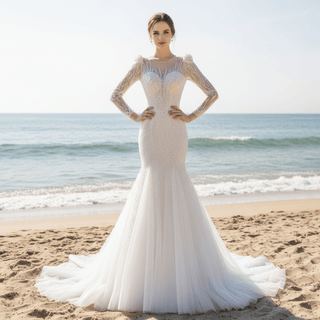 Sparkly Crystal Long Sleeve Fit and Flare Wedding Dress - Rosymae