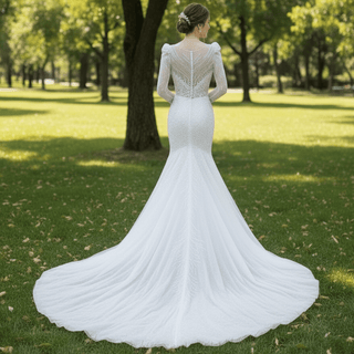 Sparkly Crystal Long Sleeve Fit and Flare Wedding Dress - Rosymae