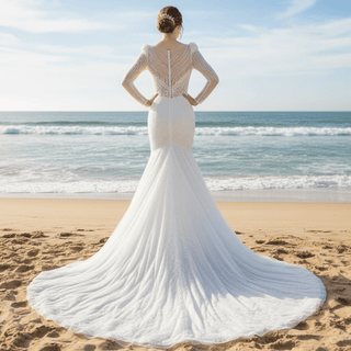 Sparkly Crystal Long Sleeve Fit and Flare Wedding Dress - Rosymae