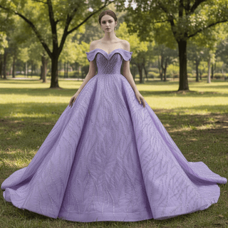 Sparkly Elegant Ball Gown Purple Wedding Dress with Off the Shoulder - Rosymae