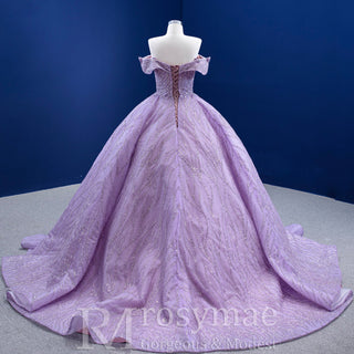Sparkly Elegant Ball Gown Purple Wedding Dress with Off the Shoulder - Rosymae