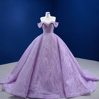Sparkly Elegant Ball Gown Purple Wedding Dress with Off the Shoulder - Rosymae