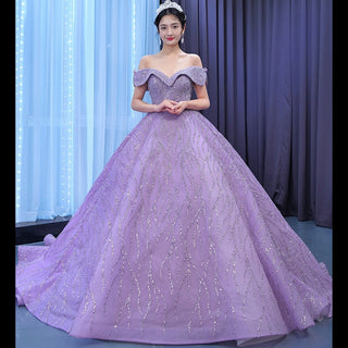 Sparkly Elegant Ball Gown Purple Wedding Dress with Off the Shoulder - Rosymae