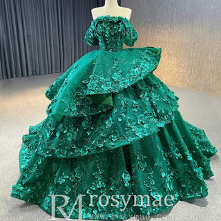 Sparkly Floral Ball Gown Wedding Dress Formal Gown with Off the Shoulder - Rosymae