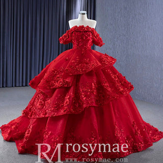 Sparkly Floral Ball Gown Wedding Dress Formal Gown with Off the Shoulder - Rosymae