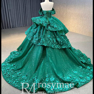 Sparkly Floral Ball Gown Wedding Dress Formal Gown with Off the Shoulder - Rosymae