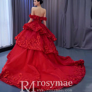 Sparkly Floral Ball Gown Wedding Dress Formal Gown with Off the Shoulder - Rosymae